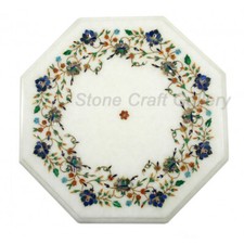 12" Marble Corner Table Semi Precious Stones Work Handmade Inlay Home Decor