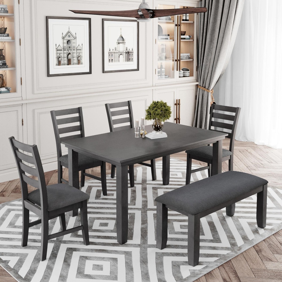 6pcs Rustic Wood Dining Room Table and Chairs Set with Bench Home