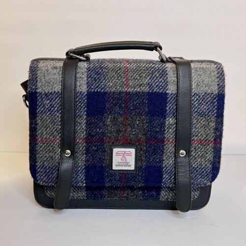 Harris Tweed Mini Messenger Bag Navy Plaid Zipped Pockets Shoulder Strap Wool - Picture 2 of 16