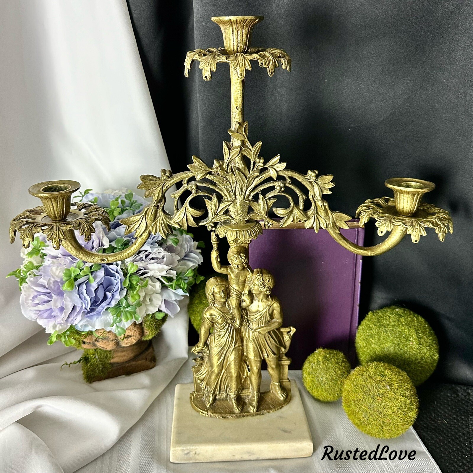 Antique Victorian Girandole Candlesticks Marble & Brass Family Figures