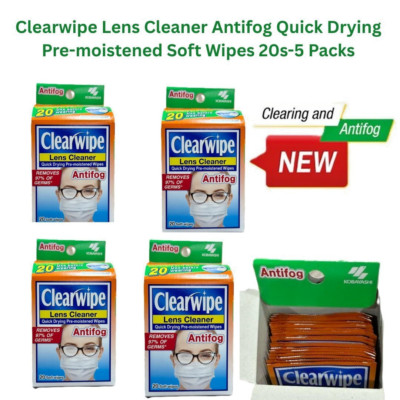 Clearwipe Lens Cleaner Antifog Quick Drying Pre-moistened Soft Wipes 20s-5 Packs