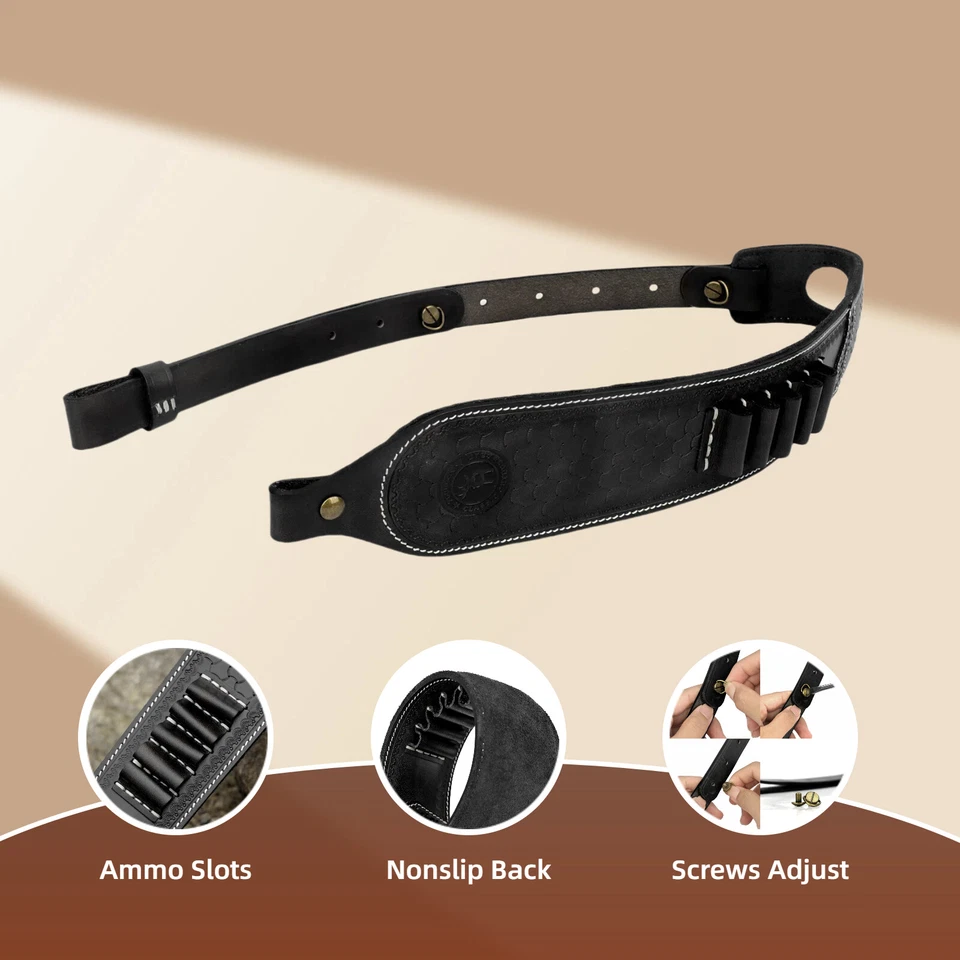 TOURBON Leather Rifle Sling Firearm Bullets Carry Strap Ammo Slot 2 Points Black - Image 4 of 4