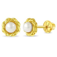 Girl with TheJewelryHut Designer Children Freshwater Pearls Gold Stud Earrings