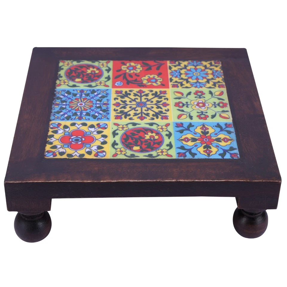 Wooden Chowki, Tiles Fitted Bajot, Pooja Chowki, Baby Sitter Stool, Home Decor - Image 3 of 4