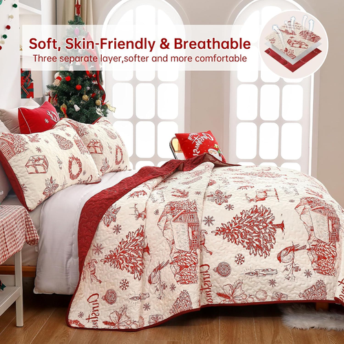 Christmas Quilt Set King Size, Red Xmas Tree Patterns Bedspread Set King 3 Piece - Picture 3 of 8