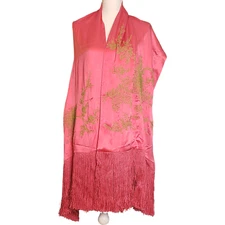 Megan Park England Fuchsia Silk Shawl - Gold Elegance and Fringe Flourish