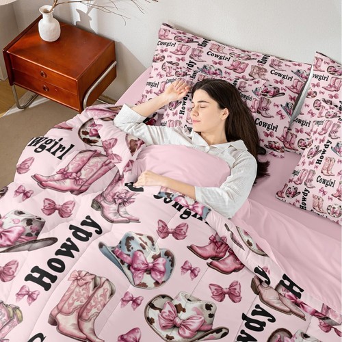 Western Cowgirl Queen Bedding Set 7 Pieces,Princess Bowknot Kawaii Pink Bow-t... - 第 3/7 張圖片