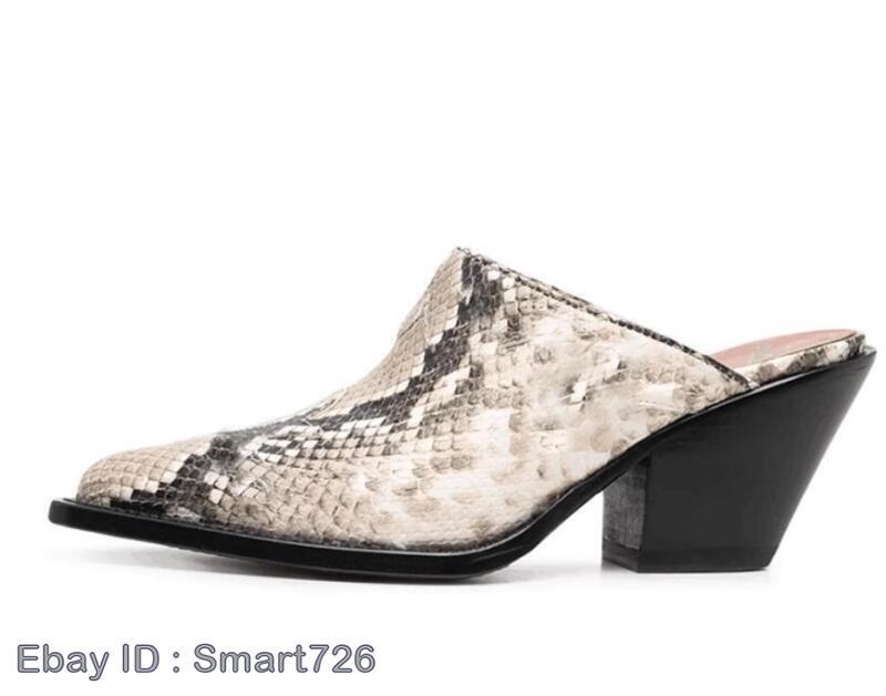 Mens Leather Pointed Toe Chunky Heel Mules Snake Pattern Slippers Casual  Club SZ