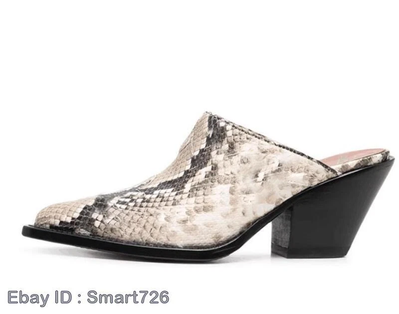 Zapatillas informales de cuero para hombre con punta gruesa de tacón mulas patrón de serpiente talla club Foto 2 de 4