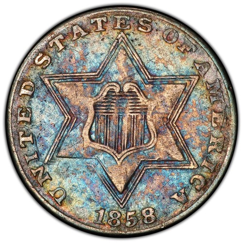 1858 Three Cent Piece Silver Trime 3C PCGS XF45 Original Rare Rainbow Toned - Picture 2 of 8