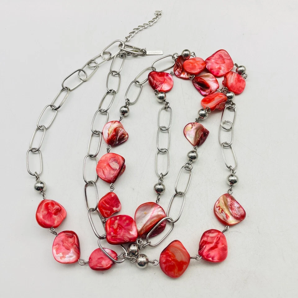 LANE BRYANT Necklace Silver Tone Red Shell Accents Long Single Strand Classic Foto 4 de 4