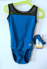 NWT Plum Practicewear Gymnastics Leotard Mesh Turquoise Plus Scrunchie Size CM