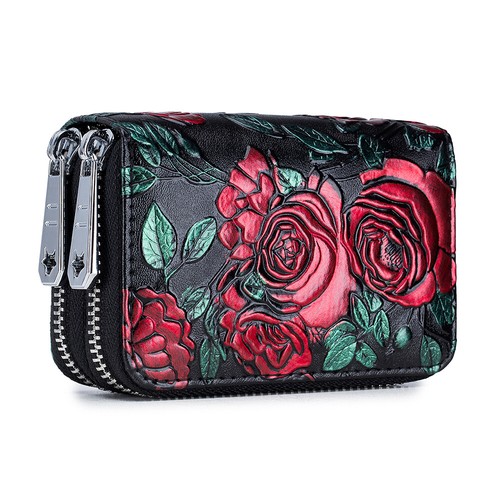 Rose Women Fashion Floral Leather Wallet RFID Card ID Holder Zipper Coin Purse