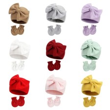 Newborn Baby Girl Boy Cotton Stretch Beanie Bowknot Elastic Hat With Gloves