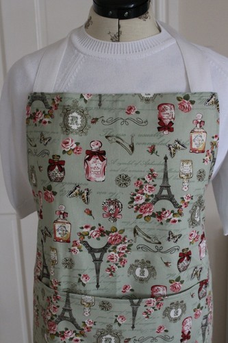 New Handmade Linen Blend Apron Pinny Good size Green & Pink perfume & flowers - Picture 3 of 8