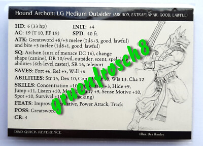  HOUND ARCHON  07 RARE  HARBINGER  D&D MINIS QUICK REFERENCE CARD  WIZARDS 2003