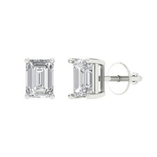 White Sapphire Stud Earrings for Women, Screw back 2 cttw, 7x5mm, Emerald-Cut 