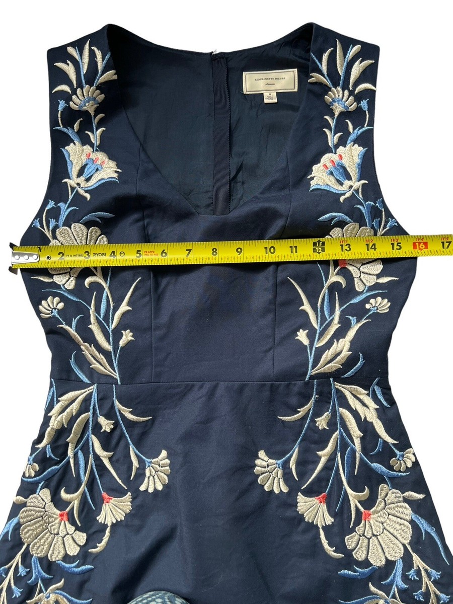 MOULINETTE SOEURS Anthropologie Bellflower Blue Embroidered DRESS Deep V  Neck 0 | eBay