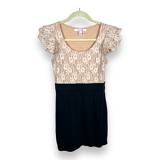 MEDIUM JUNIORS FOREVER 21 RETRO RUFFLE LACE DRESS BEIGE BLACK STRETCH RETRO