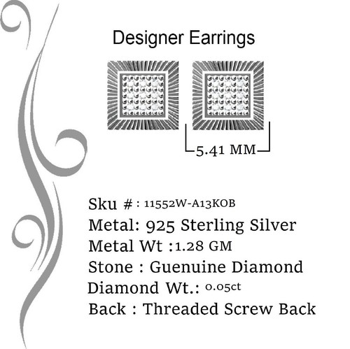 0.05ct Diamond For White 925 Sterling Silver Men's & Women's Square Earrings - Imagen 11 de 12