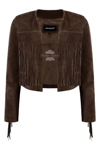 Women’s Fringe Western Short Body Vintage 90s Style Cropped Suede Leather Jacket - Picture 7 of 24
