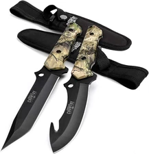 Fixed Blade Hunting Knife Set - 2 Piece, Full Tang Handle Straight Edge and Gut 