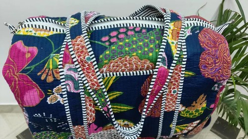 Blue Floral 100% Cotton Duffle Bags Quilted Fabric Weekender Overnight Bag AU - Picture 3 of 8