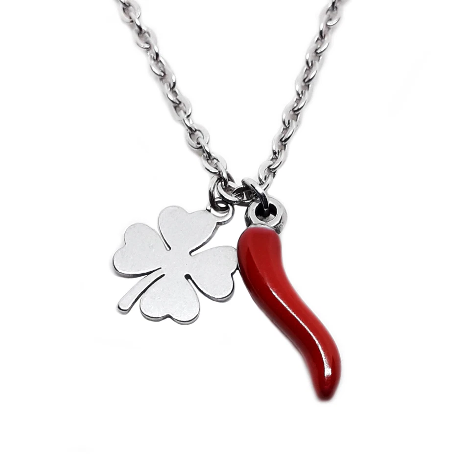 Collana Acciaio Cornetto corno Portafortuna Peperoncino Rosso quadrifoglio Donna - Immagine 2 di 4