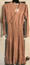 Anrabees Woman Waffle Knit Long Beige Dress Looks Like A Wrap V-Neck Size M NWT
