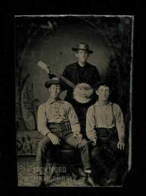 #ad Antique Banjo Tintype One Man Playing Two Holding Guns Unusual Rare Photo 1800s $625.00