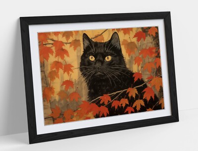 JAPANISCHER STIL KATZE MIT AHORNBLÄTTERN - GERAHMTES KUNST POSTER PAPIERDRUCK