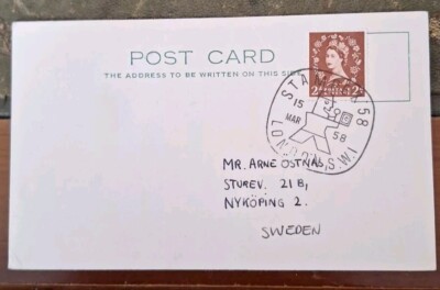 London 1958 Ersttagsbrief ''STAMPEX'' Postkarte nach Schweden. Ref Mai2024