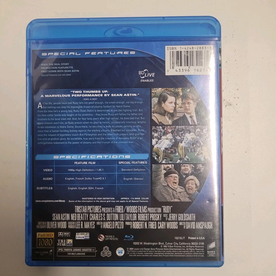 Rudy Blu Ray, Notre Dame underdog movie - Image 2 of 3