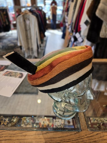 VTG 1960s/70s Geo Color Block Mod Hippie Boho Beret Orange Red Brown - Picture 4 of 5