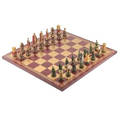 Camelot Kunstharz Schachset 8cm + Kunstleder Brett Gold Bordeaux 40cm