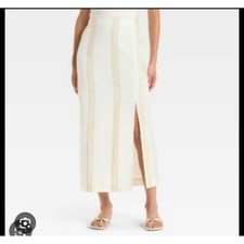 NWT A New Day Striped Maxi Skirt Elastic Waist Side Slit Cream Beige Green Sz S