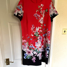 Next Red Floral Jersey Shift Dress Size 14 Short Sleeve Knee Length Stretch