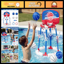 2-in-1 Floating Pool Basketball Hoop Ring Toss Set - Stable Base, 4 Balls, 8 R