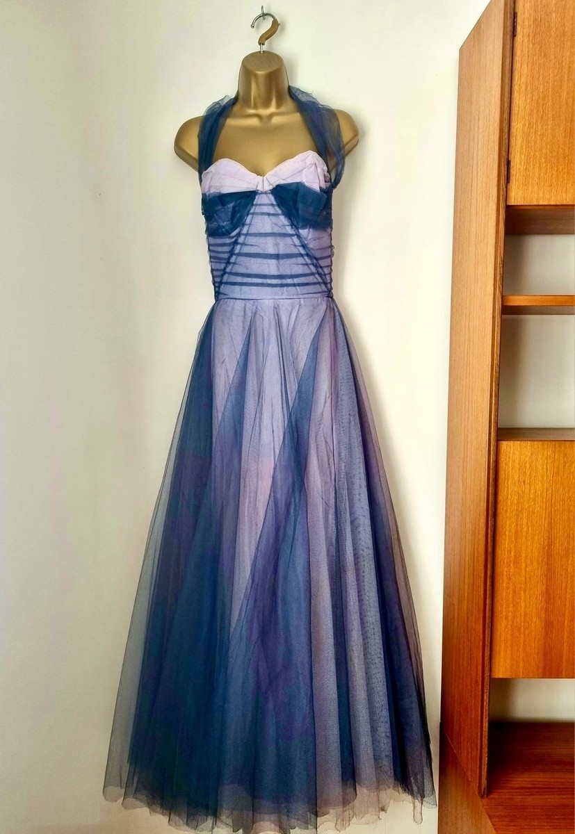 Vintage Handmade 40s Lilac and Blue Tulle Net Halter Neck Dress