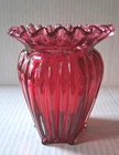 Fenton Cranberry Glass Ribbed Vase with Double Crimped Ruffled Edge