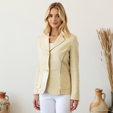 Preppy Blazer Beige Linen Tailored Collared Long Sleeve Button Front US 6
