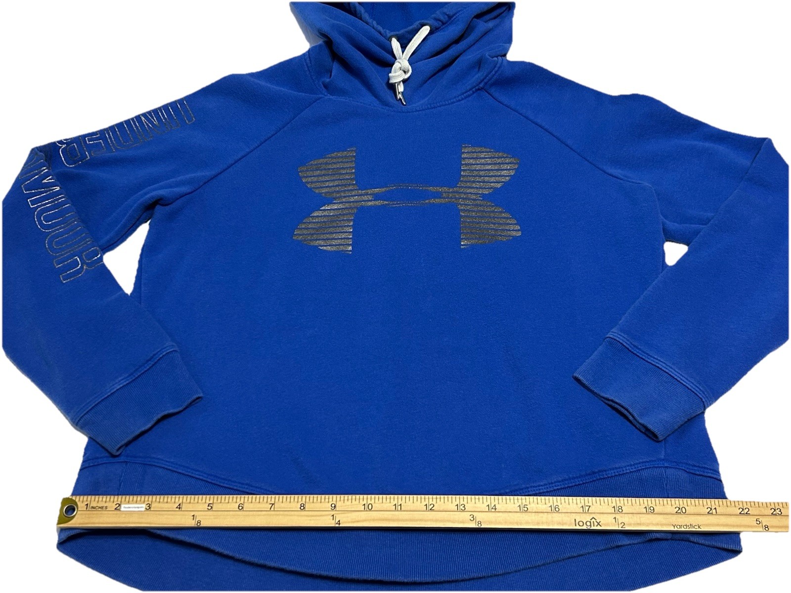 Under Armour Women’s Fleece Loose Fit Big Metallic Gray Logo Hooded Sweatshirt L thumbnail 6