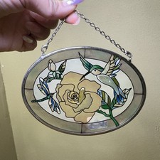 Vtg Stained Glass Sun Catcher Hummingbird Flower dragonfly Hanging Chain