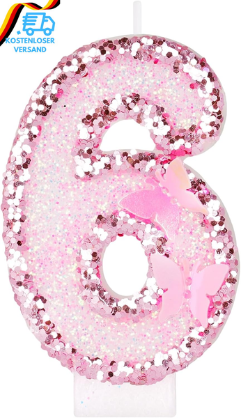 Geburtstagskerzen Zahlen 6, Rosa Schmetterling Zahl Kerzen FüR Kuchen, 3D Schmet-image