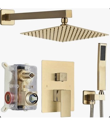 Bathroom Shower Faucet Set Gold Square Shower Head + Hand Spray + Control Valve