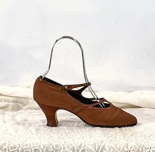 Vintage 20s Heels Brown Fabric Shoes Leather Trim Ankle Strap Button Flapper