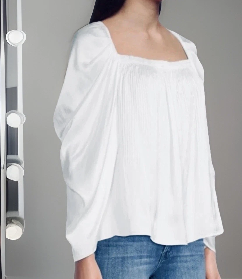 $458 KOBI HALPERIN Blouse Women S DINA Plisse Square Neck Satin White Tunic EUC - Image 3 of 4