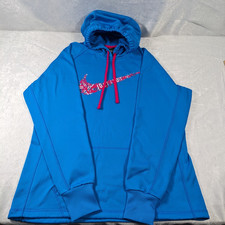 Nike Therma-FIT Blue Pullover Hoodie Women s L Pink Swoosh Thumbholes