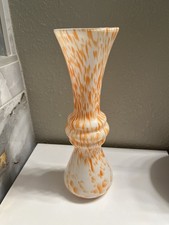 VTG Murano Style Hand Blown Orange  Milky White Vase Bohemian 10  Tall Splatter