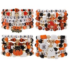 4 Sets Halloween Stretch Bracelets for Women, Pumpkin Ghost Cat Bat Design Beade